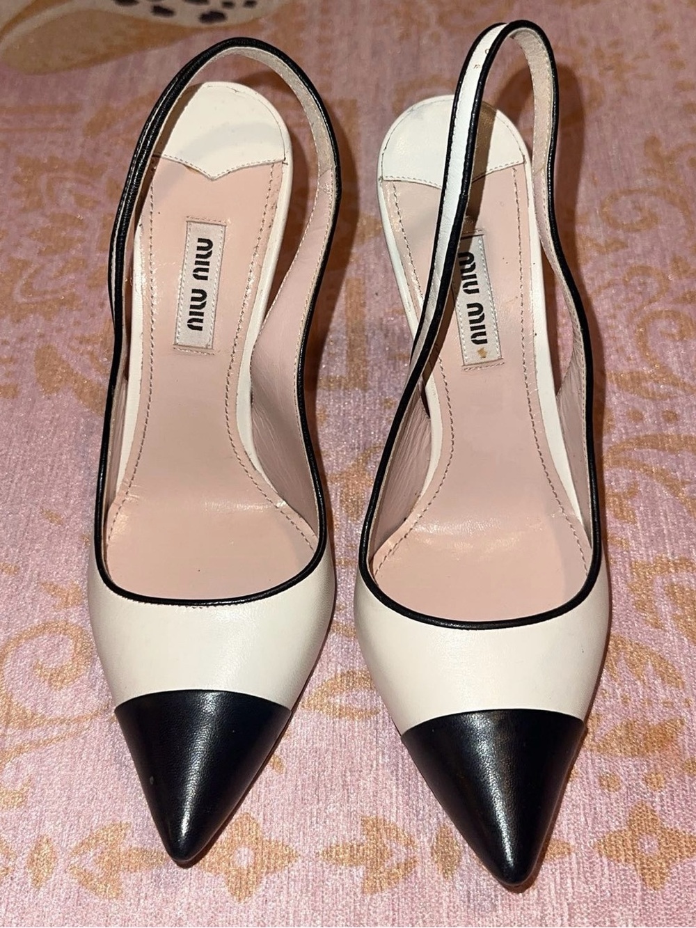 Miu Miu Rare Two-Tone Pointed Leather Slingback Pump in White and Black